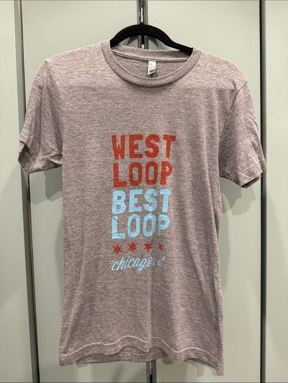 American Apparel Gray Tee with Red & Light Blue Chicago West Loop Print